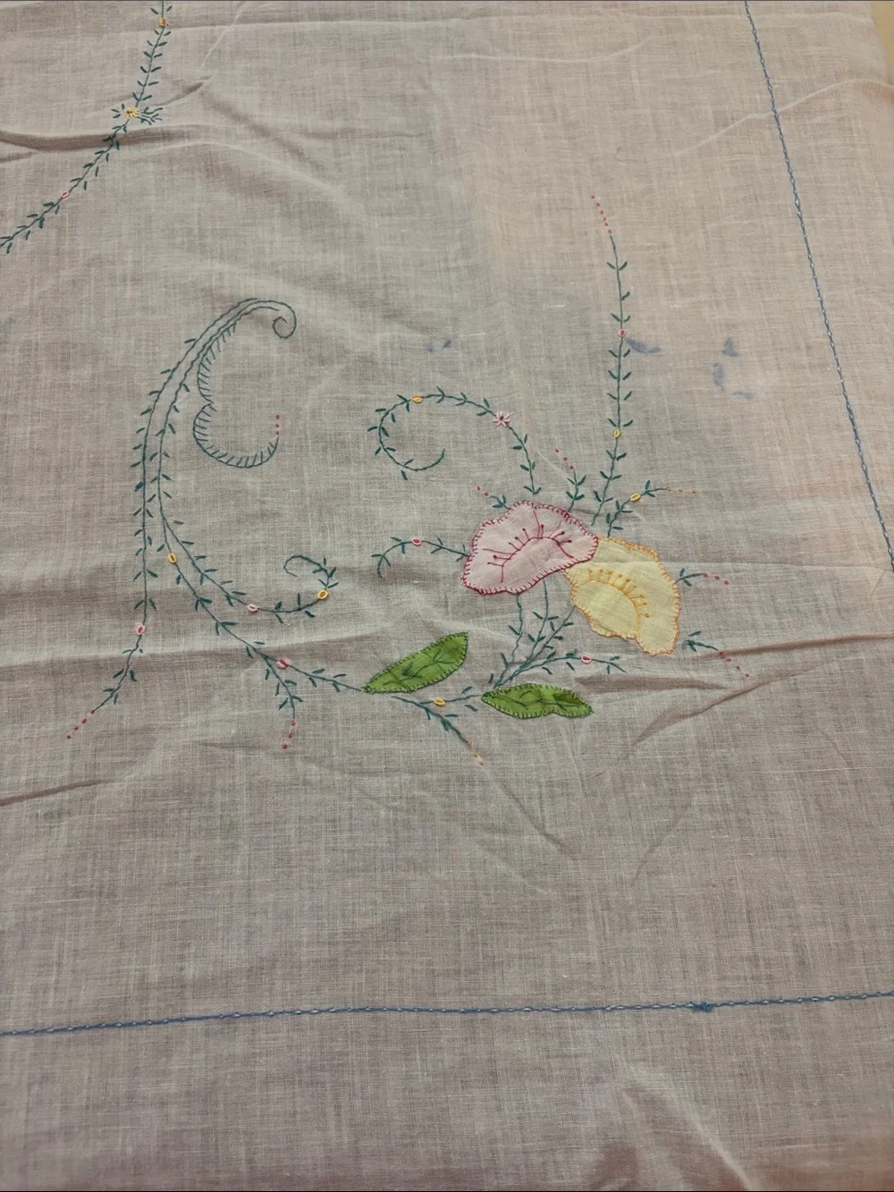 Hand-Embroidered White cotton Tablecloth with Pastel Flowers